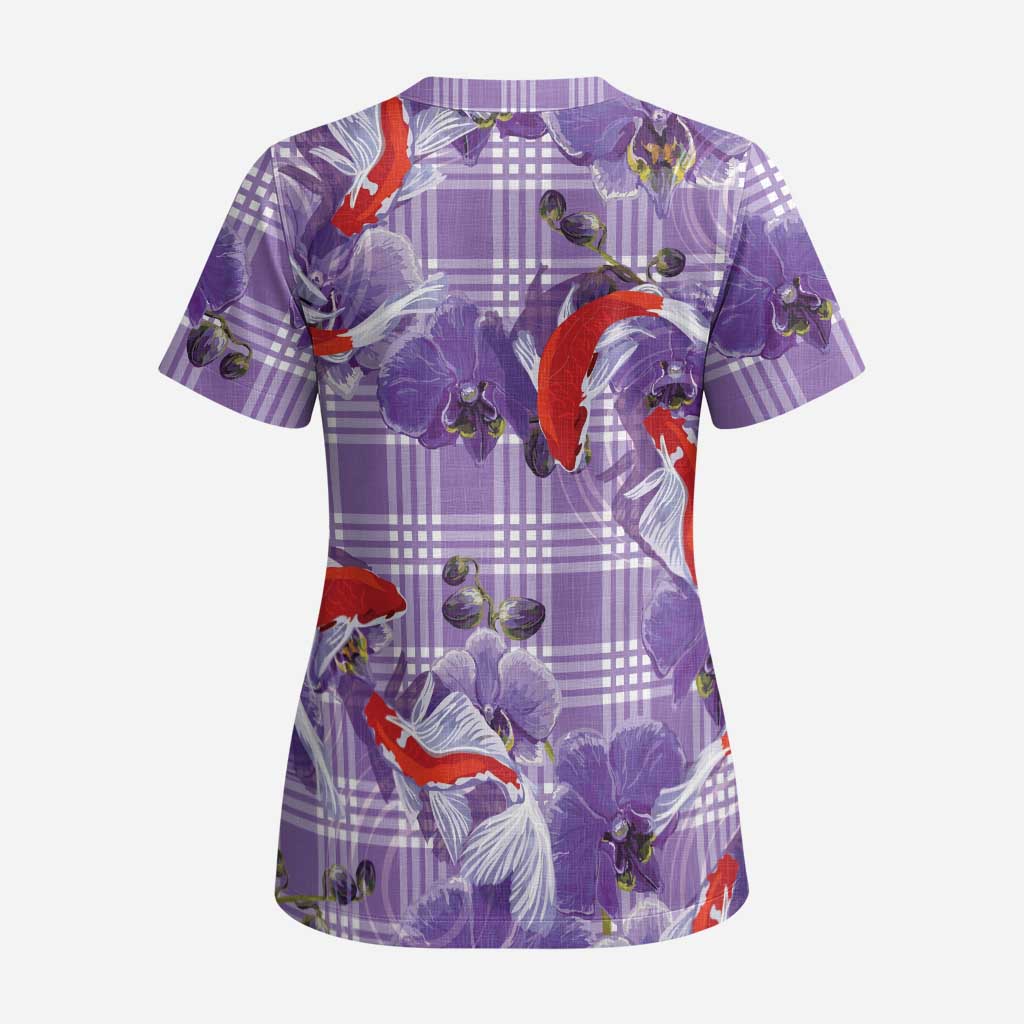 Lavender Palaka Hawaii Aloha Scrub Top Koi Pond Mix Orchids - Polynesian Pride