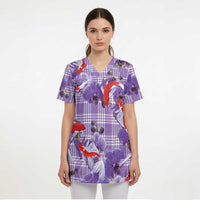 Lavender Palaka Hawaii Aloha Scrub Top Koi Pond Mix Orchids - Polynesian Pride