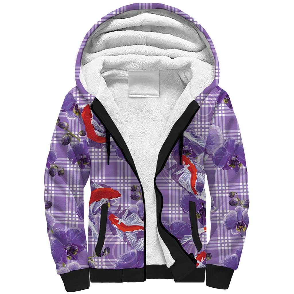 Lavender Palaka Hawaii Aloha Sherpa Hoodie Koi Pond Mix Orchids - Polynesian Pride