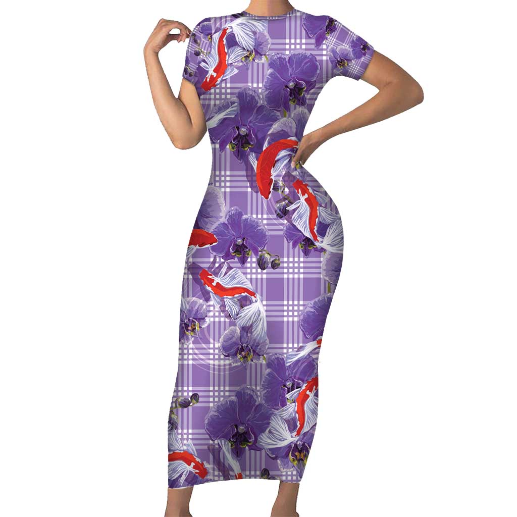 Lavender Palaka Hawaii Aloha Short Sleeve Bodycon Dress Koi Pond Mix Orchids - Polynesian Pride