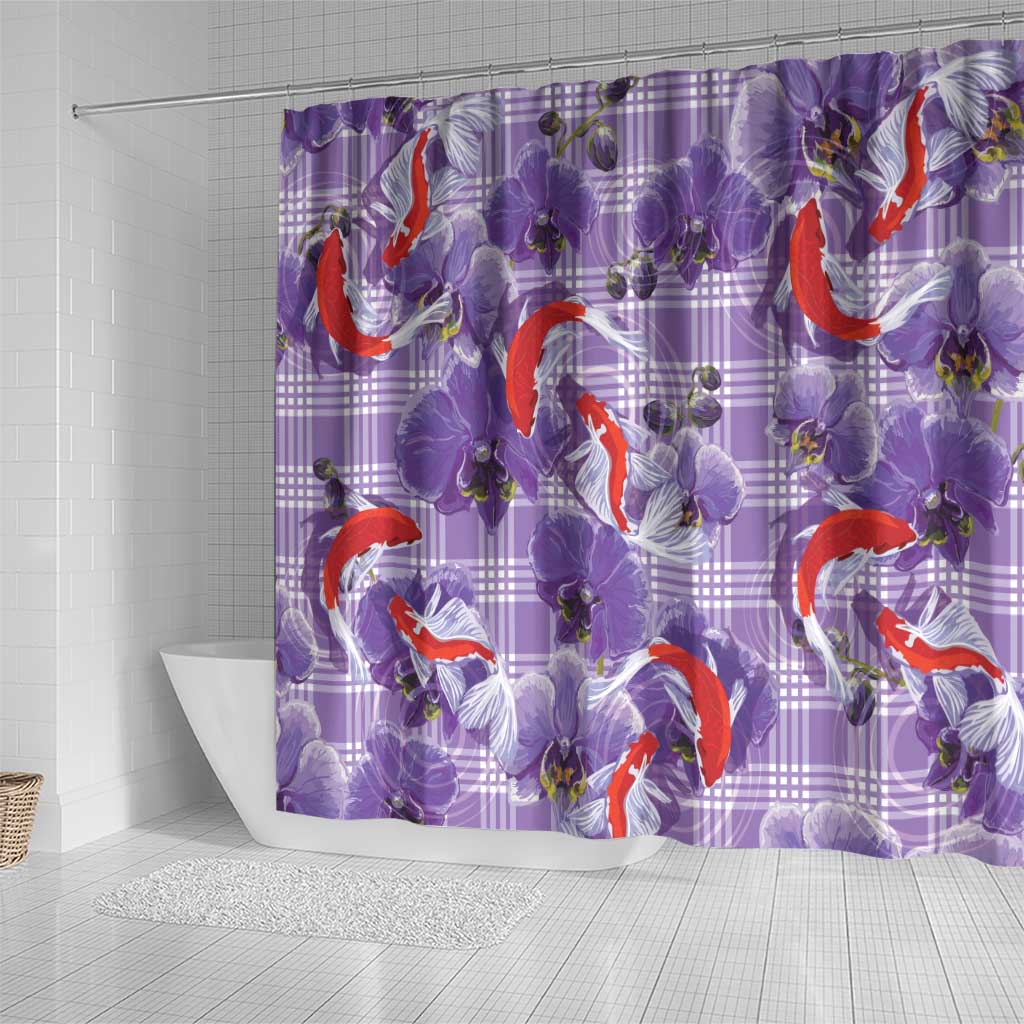 Lavender Palaka Hawaii Aloha Shower Curtain Koi Pond Mix Orchids - Polynesian Pride