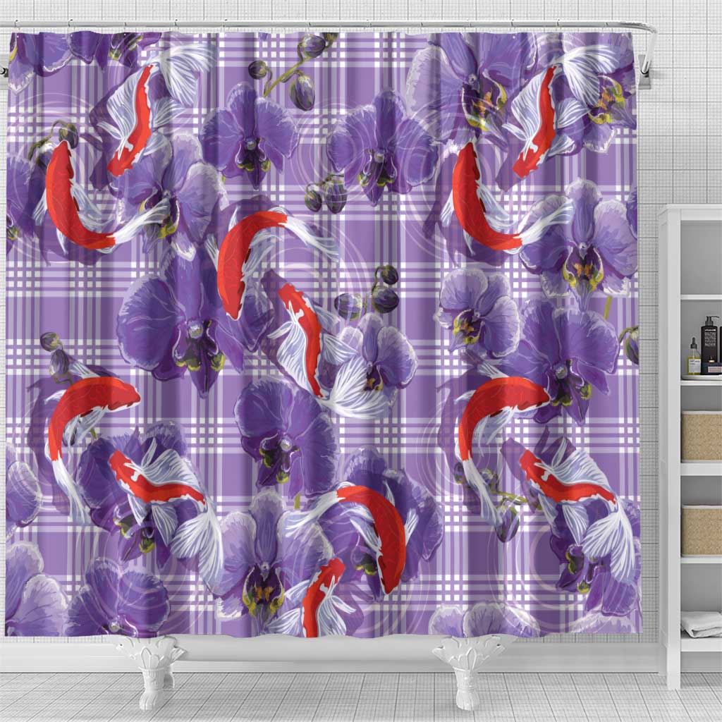 Lavender Palaka Hawaii Aloha Shower Curtain Koi Pond Mix Orchids - Polynesian Pride