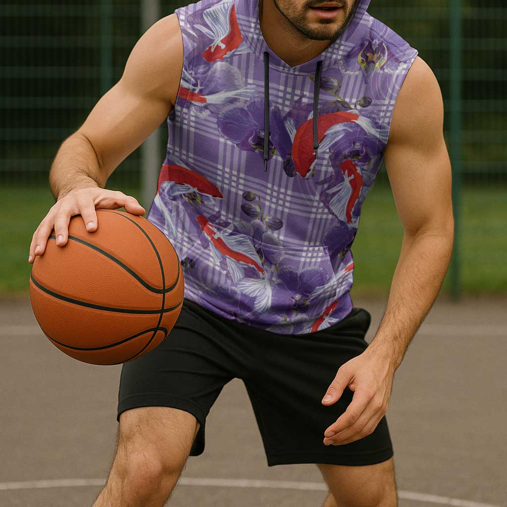 Lavender Palaka Hawaii Aloha Sleeveless Hoodie Koi Pond Mix Orchids - Polynesian Pride