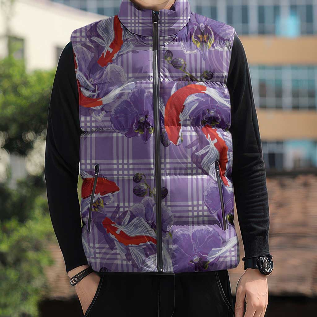 Lavender Palaka Hawaii Aloha Sleeveless Puffer Jacket Koi Pond Mix Orchids - Polynesian Pride