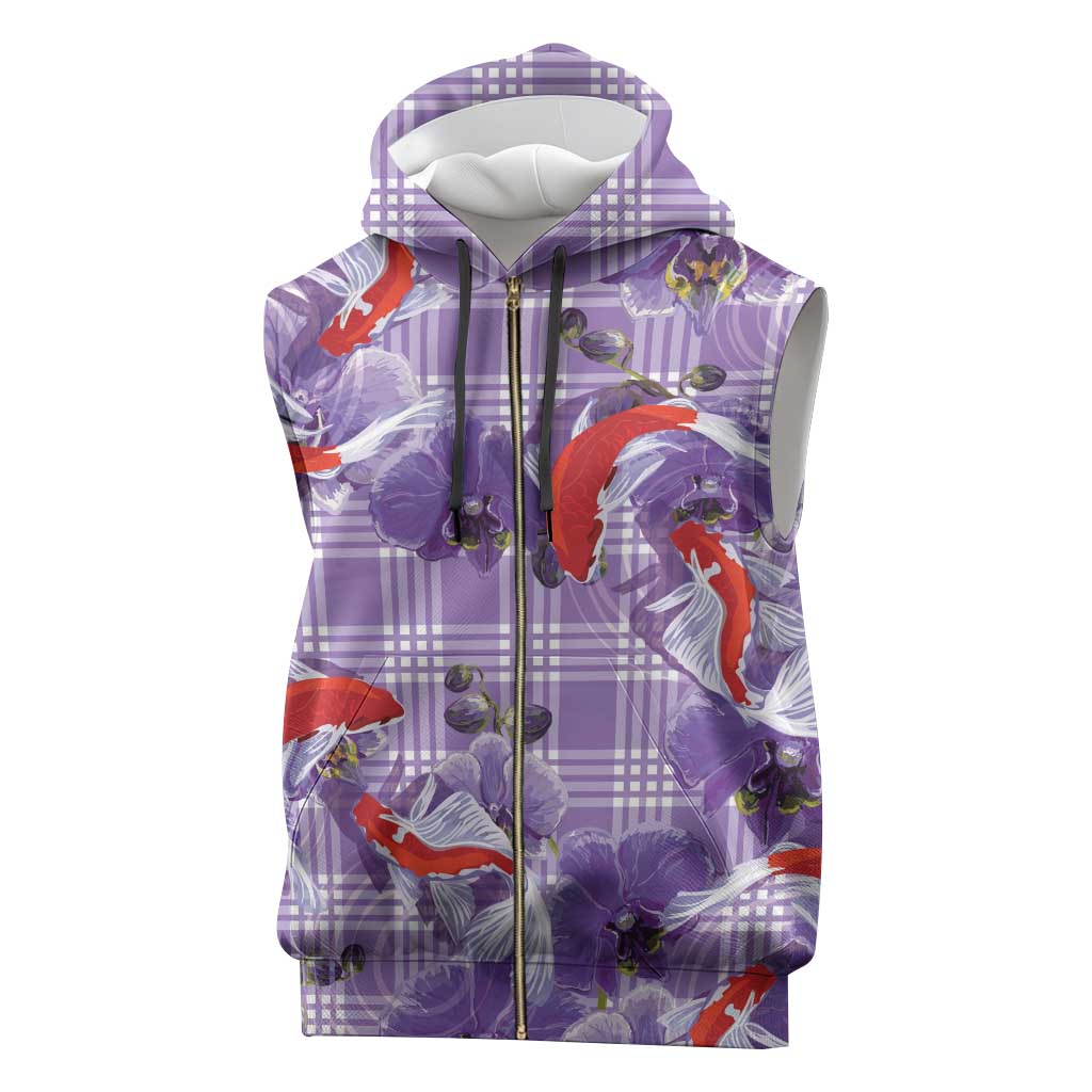 Lavender Palaka Hawaii Aloha Sleeveless Zip Hoodie Koi Pond Mix Orchids - Polynesian Pride