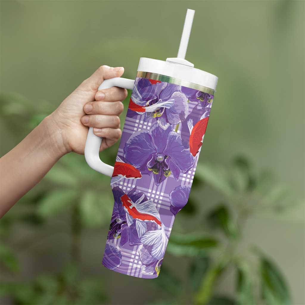 Lavender Palaka Hawaii Aloha Tumbler With Handle Koi Pond Mix Orchids - Polynesian Pride