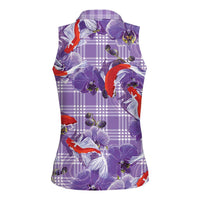 Lavender Palaka Hawaii Aloha Women Sleeveless Polo Shirt Koi Pond Mix Orchids - Polynesian Pride