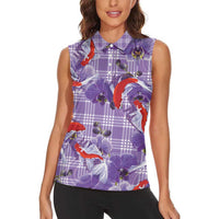 Lavender Palaka Hawaii Aloha Women Sleeveless Polo Shirt Koi Pond Mix Orchids - Polynesian Pride