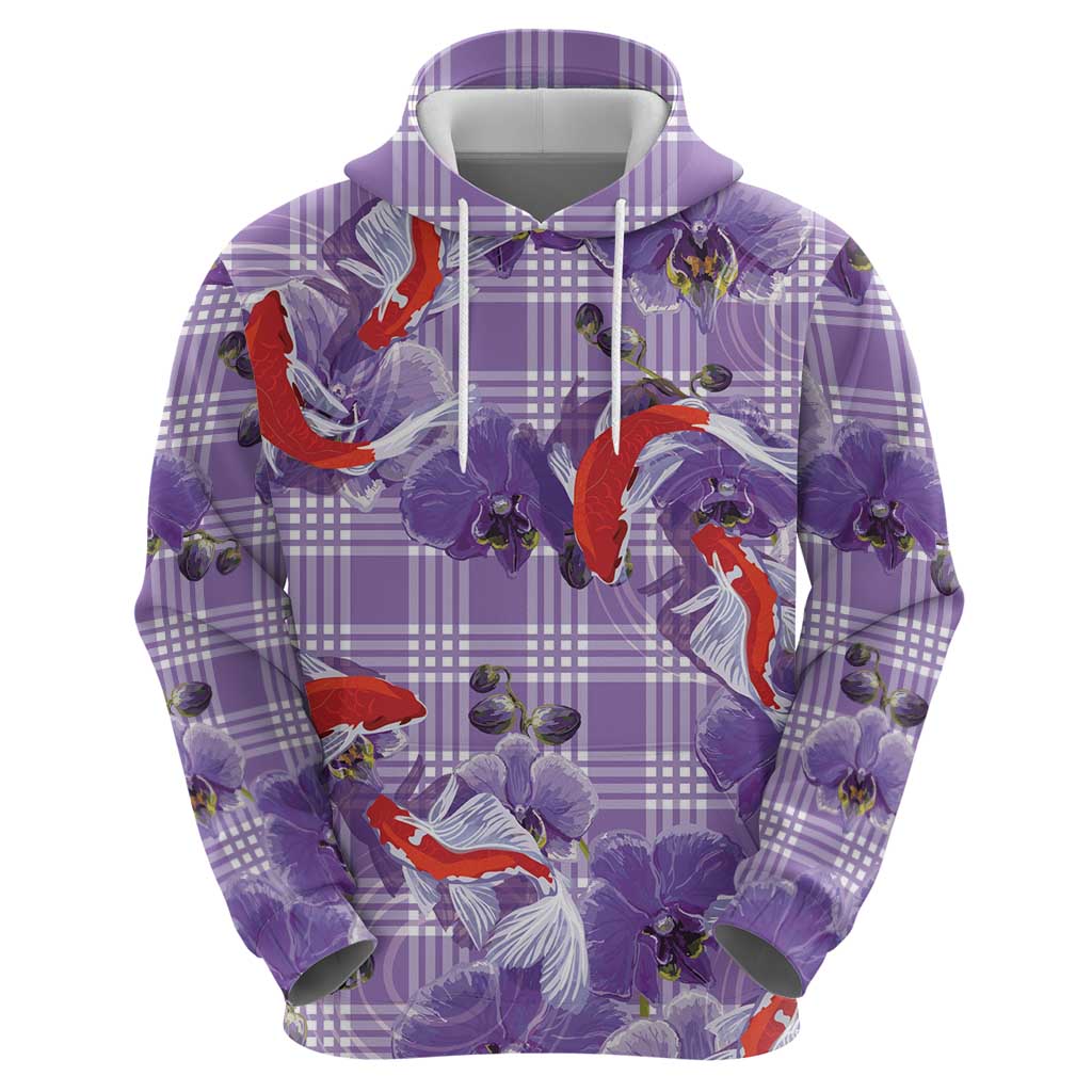 Lavender Palaka Hawaii Aloha Zip Hoodie Koi Pond Mix Orchids - Polynesian Pride