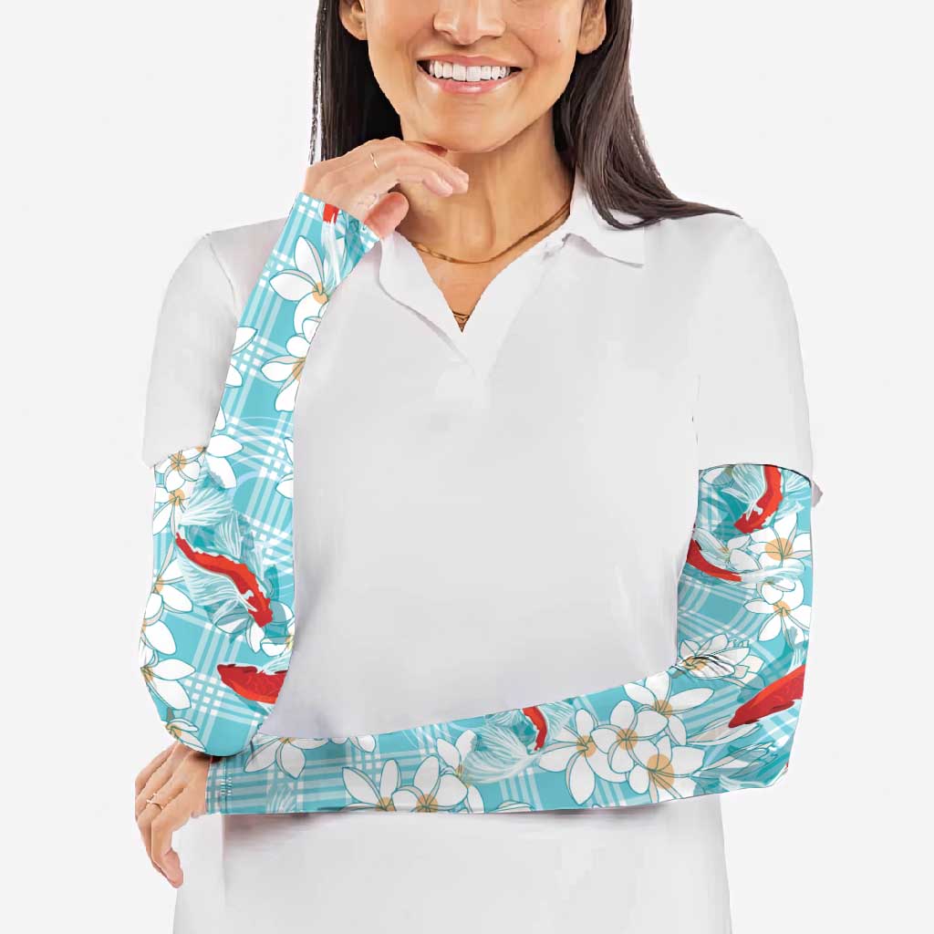 Turquoise Palaka Hawaii Aloha Arm Sleeves Koi Pond Mix Plumeria - Polynesian Pride