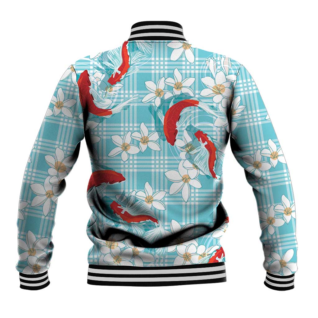 Turquoise Palaka Hawaii Aloha Baseball Jacket Koi Pond Mix Plumeria - Polynesian Pride