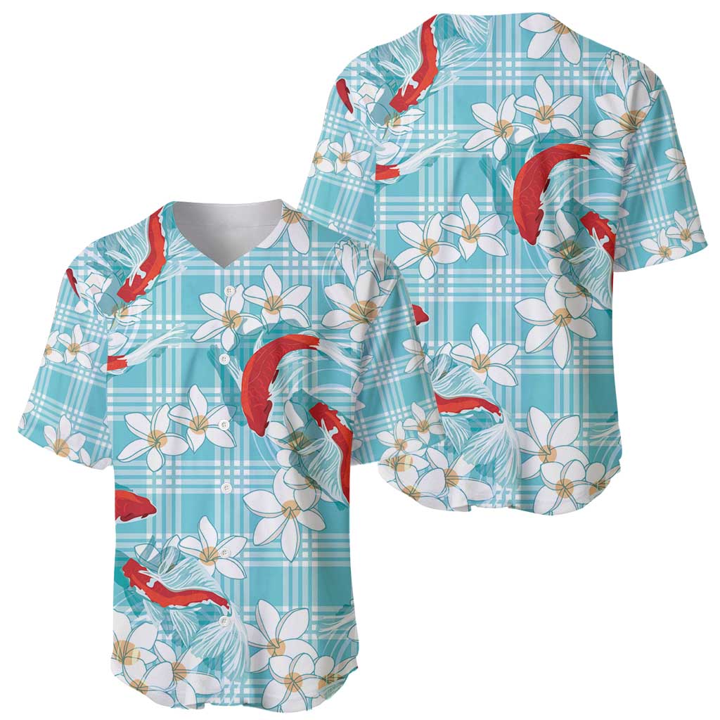 Turquoise Palaka Hawaii Aloha Baseball Jersey Koi Pond Mix Plumeria - Polynesian Pride