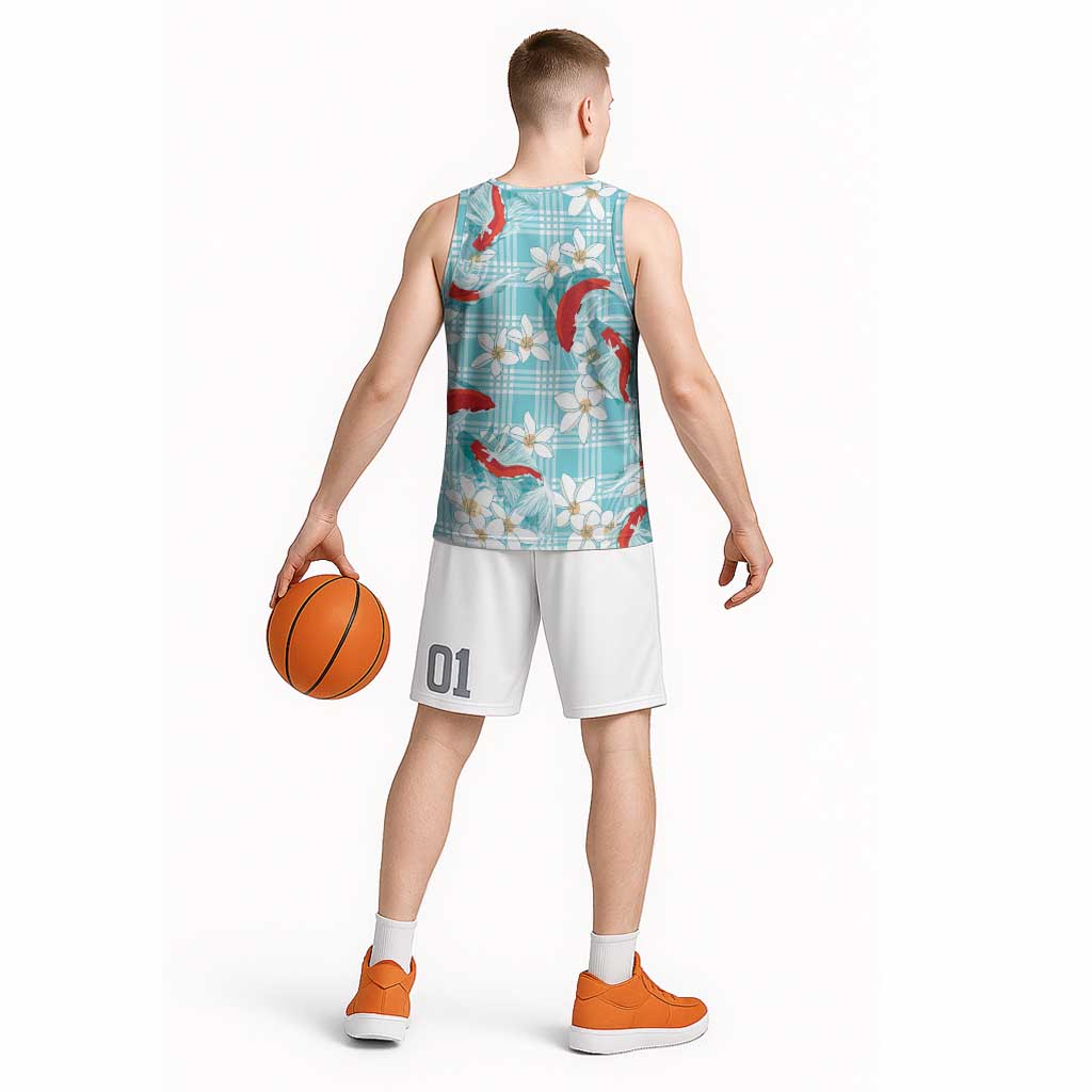 Turquoise Palaka Hawaii Aloha Basketball Jersey Koi Pond Mix Plumeria - Polynesian Pride