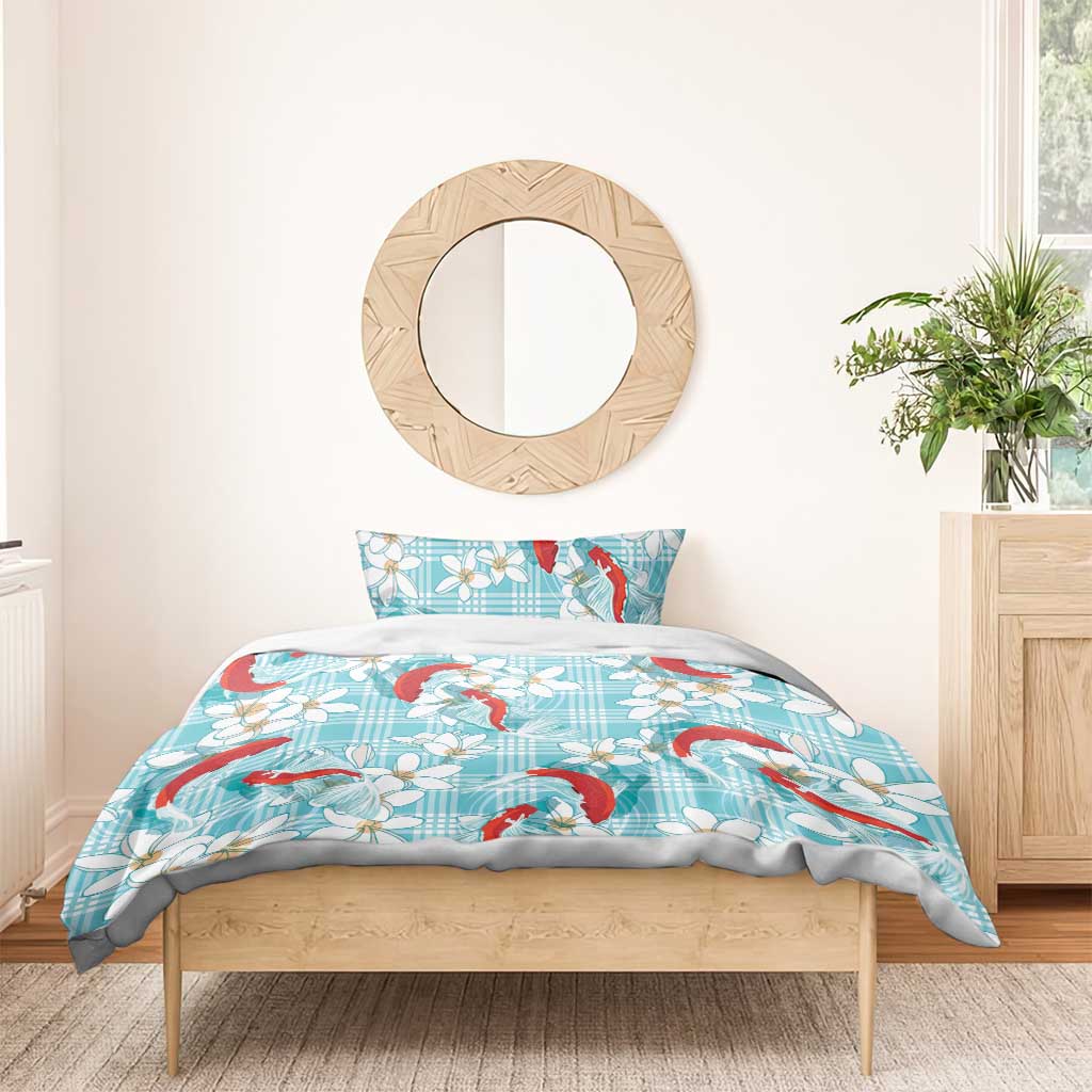 Turquoise Palaka Hawaii Aloha Bedding Set Koi Pond Mix Plumeria - Polynesian Pride