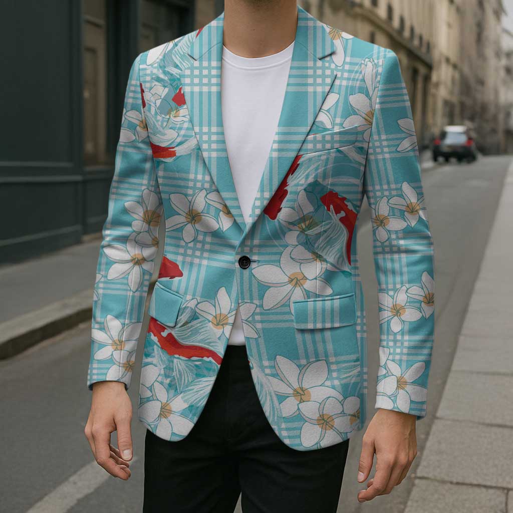 Turquoise Palaka Hawaii Aloha Blazer Koi Pond Mix Plumeria - Polynesian Pride