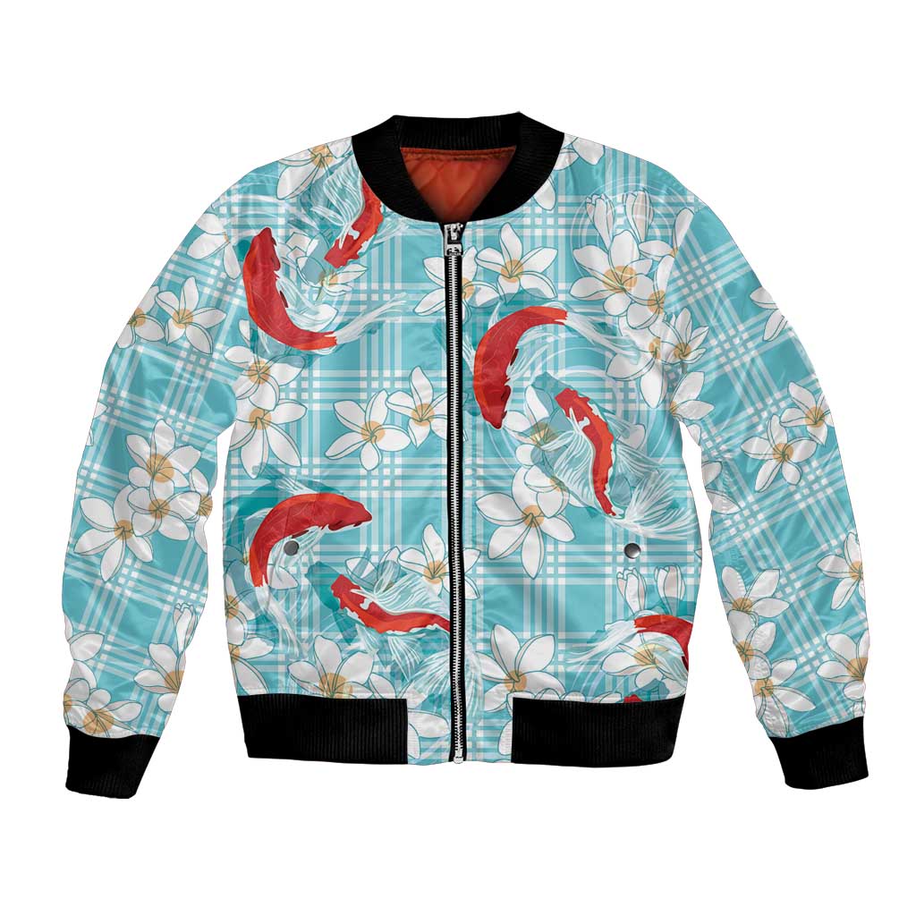Turquoise Palaka Hawaii Aloha Bomber Jacket Koi Pond Mix Plumeria - Polynesian Pride