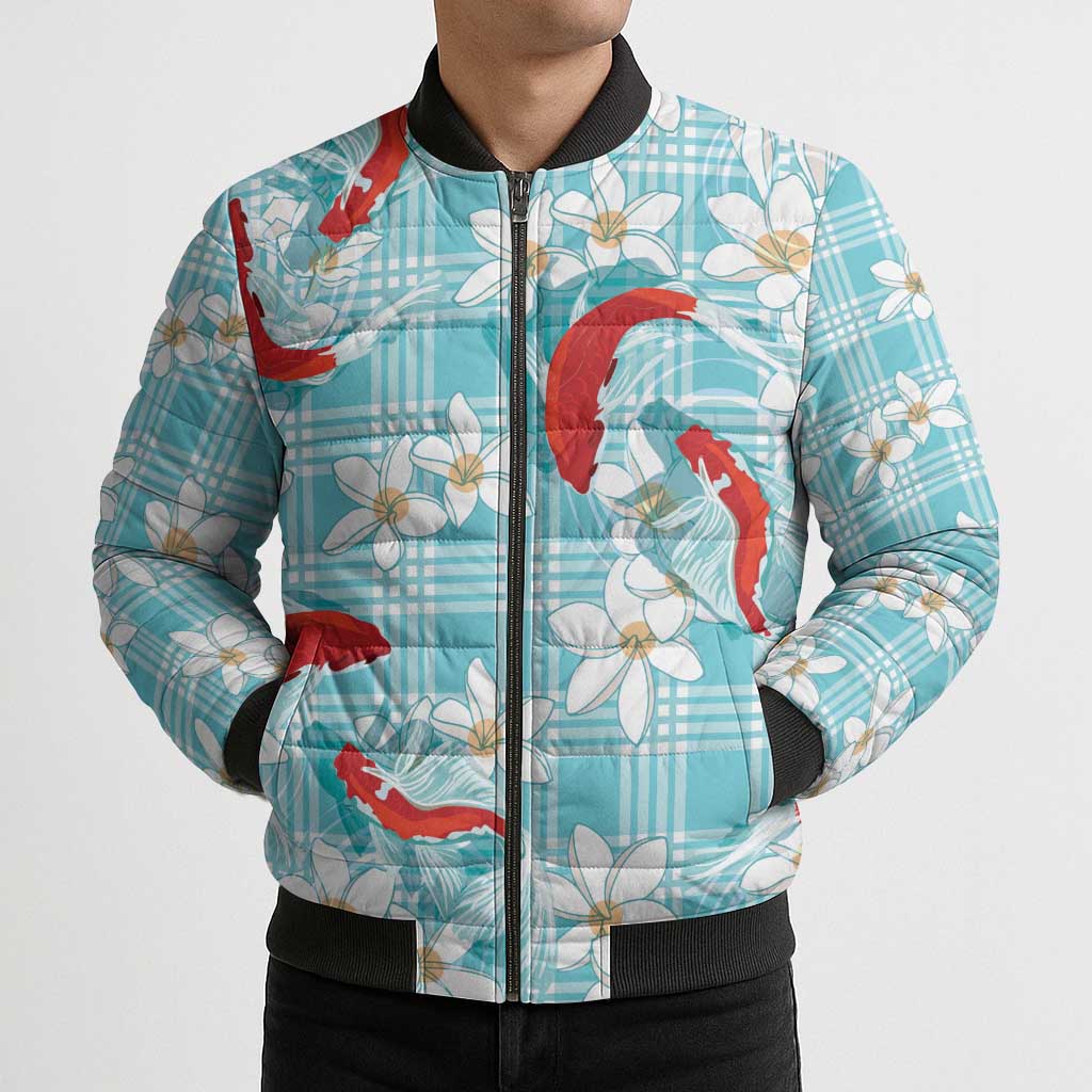 Turquoise Palaka Hawaii Aloha Bomber Puffer Jacket Koi Pond Mix Plumeria - Polynesian Pride