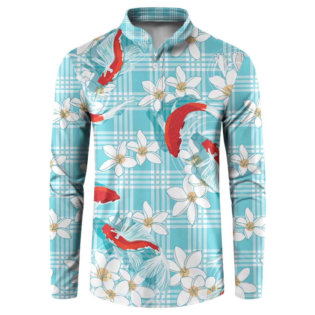Turquoise Palaka Hawaii Aloha Button Sweatshirt Koi Pond Mix Plumeria - Polynesian Pride