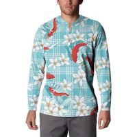 Turquoise Palaka Hawaii Aloha Button Sweatshirt Koi Pond Mix Plumeria - Polynesian Pride