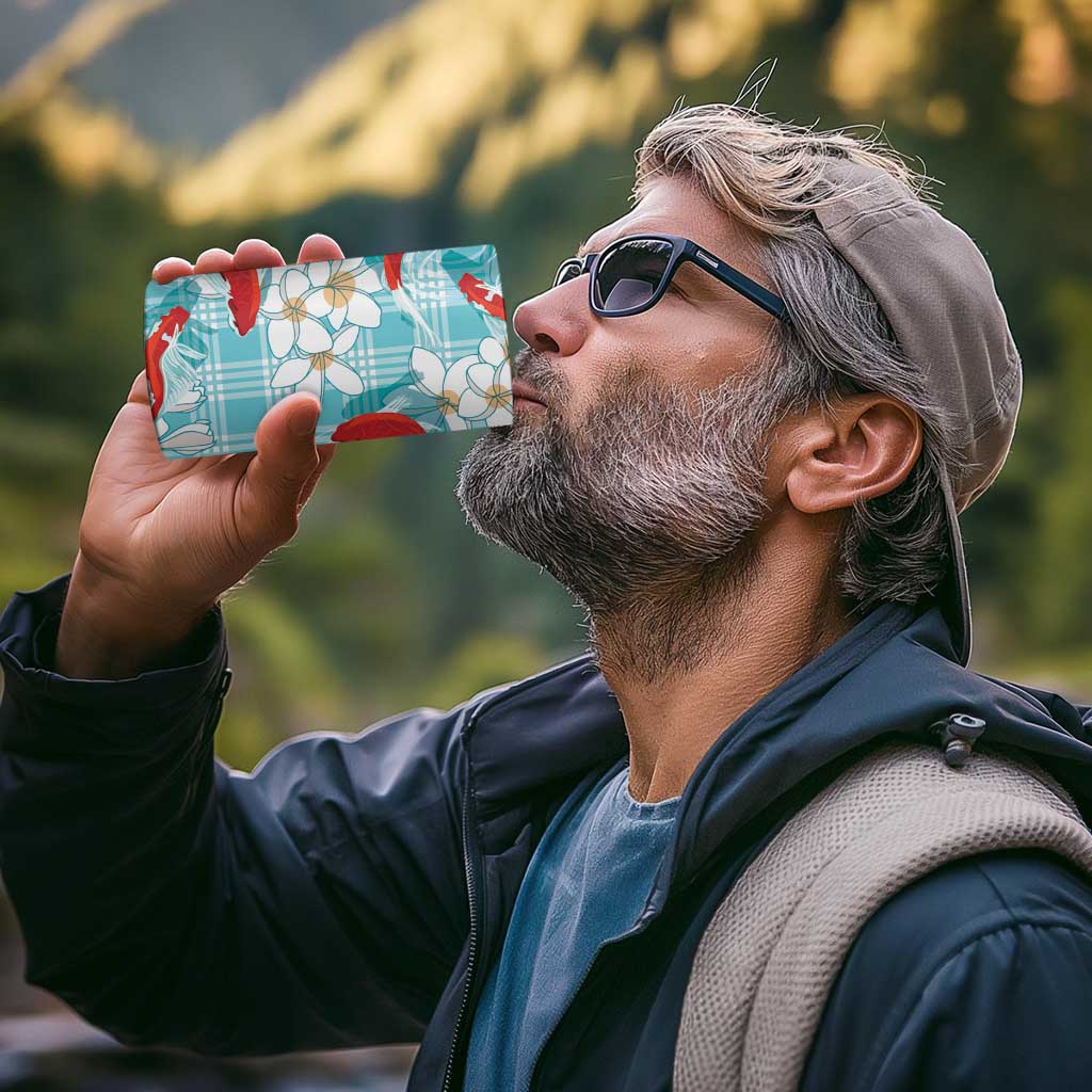 Turquoise Palaka Hawaii Aloha 4 in 1 Can Cooler Tumbler Koi Pond Mix Plumeria - Polynesian Pride