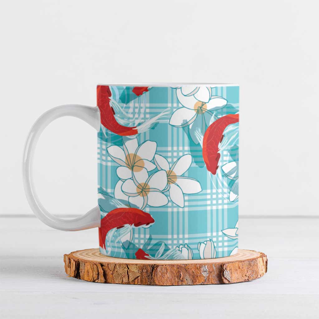 Turquoise Palaka Hawaii Aloha Ceramic Mug Koi Pond Mix Plumeria - Polynesian Pride