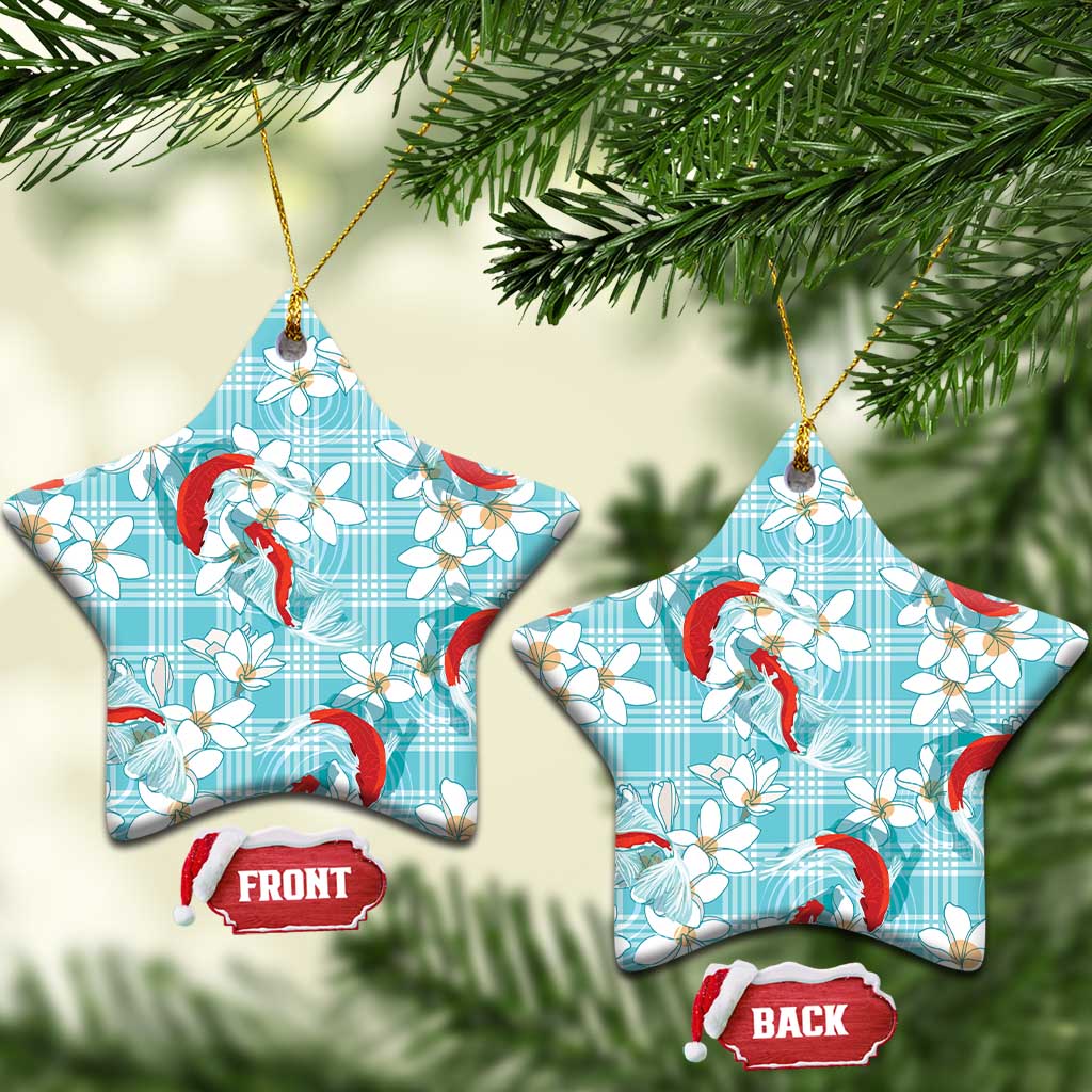 Turquoise Palaka Hawaii Aloha Ceramic Ornament Koi Pond Mix Plumeria - Polynesian Pride