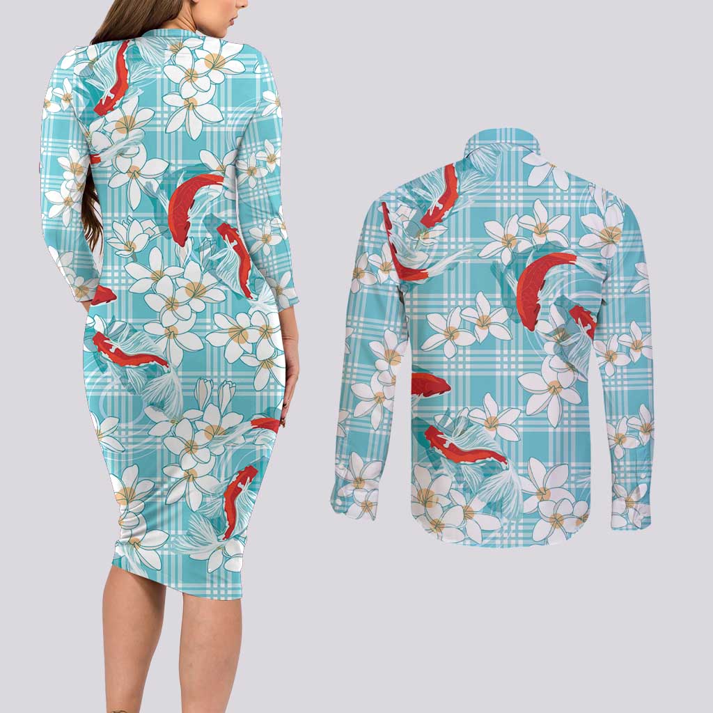 Turquoise Palaka Hawaii Aloha Couples Matching Long Sleeve Bodycon Dress and Long Sleeve Button Shirt Koi Pond Mix Plumeria - Polynesian Pride