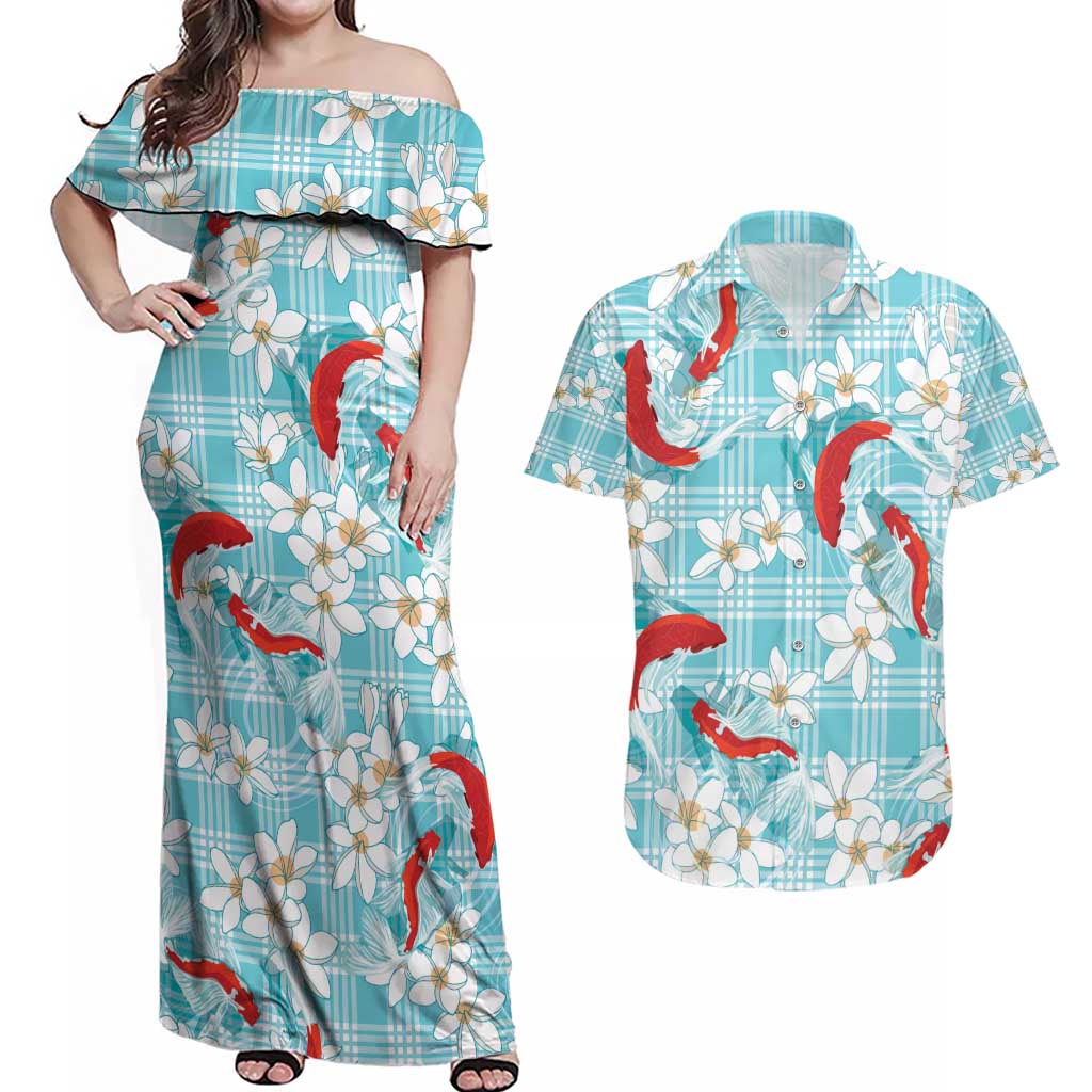 Turquoise Palaka Hawaii Aloha Couples Matching Off Shoulder Maxi Dress and Hawaiian Shirt Koi Pond Mix Plumeria - Polynesian Pride