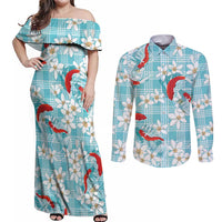 Turquoise Palaka Hawaii Aloha Couples Matching Off Shoulder Maxi Dress and Long Sleeve Button Shirt Koi Pond Mix Plumeria - Polynesian Pride