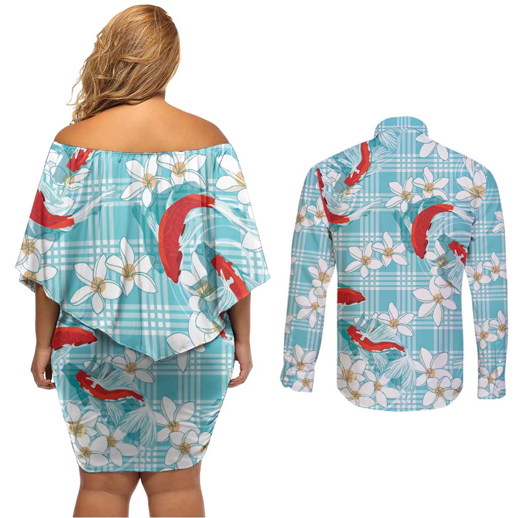 Turquoise Palaka Hawaii Aloha Couples Matching Off Shoulder Short Dress and Long Sleeve Button Shirt Koi Pond Mix Plumeria - Polynesian Pride