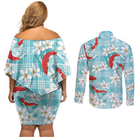 Turquoise Palaka Hawaii Aloha Couples Matching Off Shoulder Short Dress and Long Sleeve Button Shirt Koi Pond Mix Plumeria - Polynesian Pride