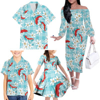 Turquoise Palaka Hawaii Aloha Family Matching Off The Shoulder Long Sleeve Dress and Hawaiian Shirt Koi Pond Mix Plumeria - Polynesian Pride