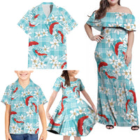 Turquoise Palaka Hawaii Aloha Family Matching Off Shoulder Maxi Dress and Hawaiian Shirt Koi Pond Mix Plumeria - Polynesian Pride