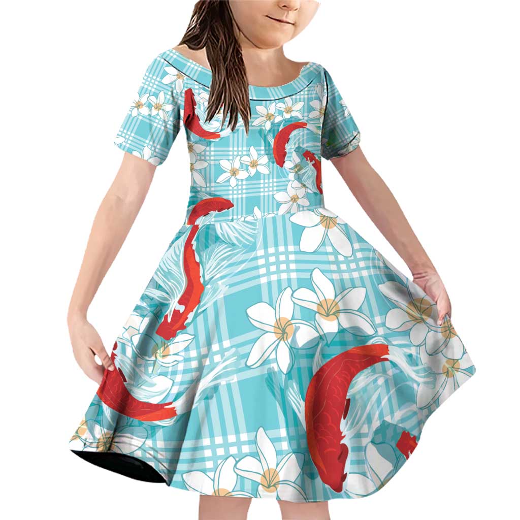 Turquoise Palaka Hawaii Aloha Family Matching Off Shoulder Short Dress and Hawaiian Shirt Koi Pond Mix Plumeria - Polynesian Pride