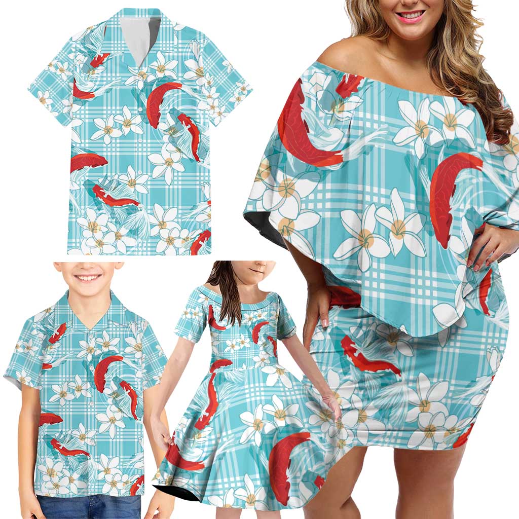 Turquoise Palaka Hawaii Aloha Family Matching Off Shoulder Short Dress and Hawaiian Shirt Koi Pond Mix Plumeria - Polynesian Pride