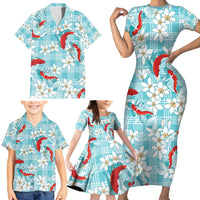 Turquoise Palaka Hawaii Aloha Family Matching Short Sleeve Bodycon Dress and Hawaiian Shirt Koi Pond Mix Plumeria - Polynesian Pride