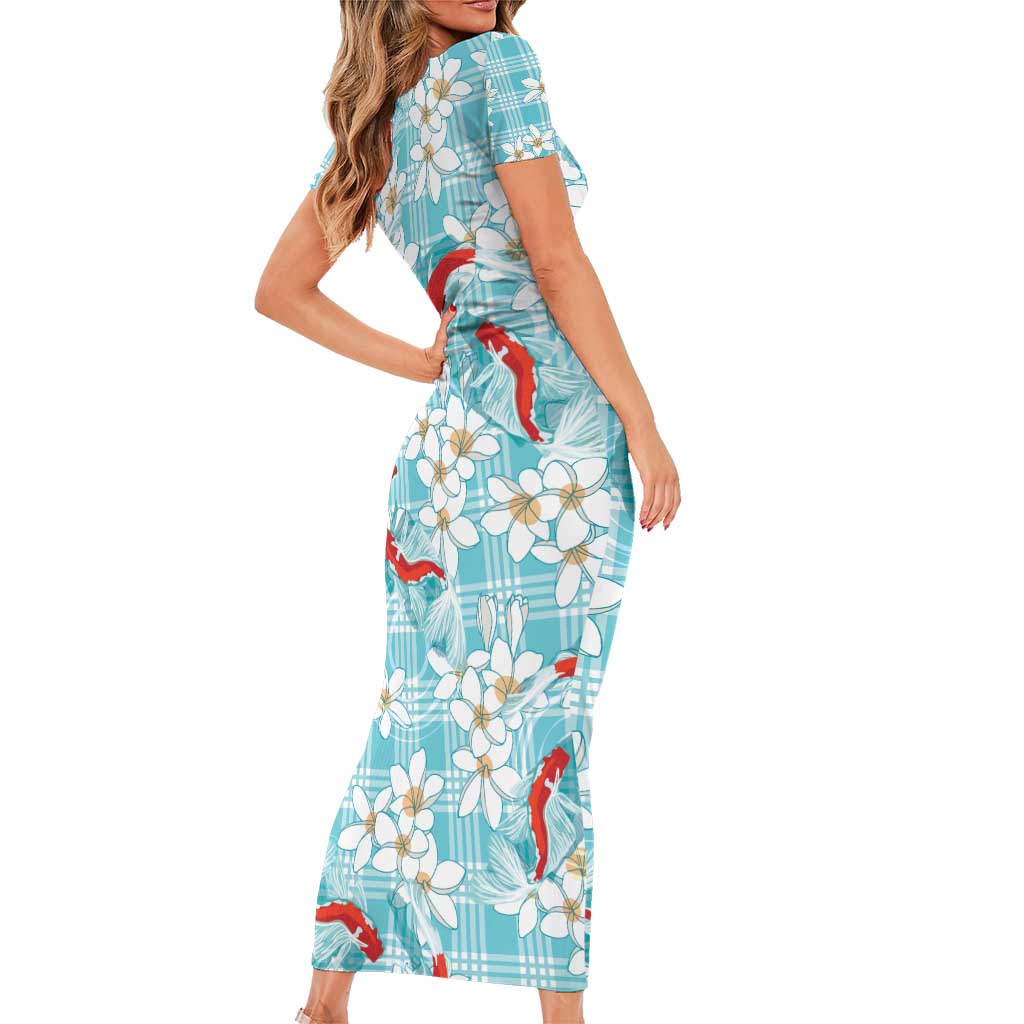 Turquoise Palaka Hawaii Aloha Family Matching Short Sleeve Bodycon Dress and Hawaiian Shirt Koi Pond Mix Plumeria - Polynesian Pride