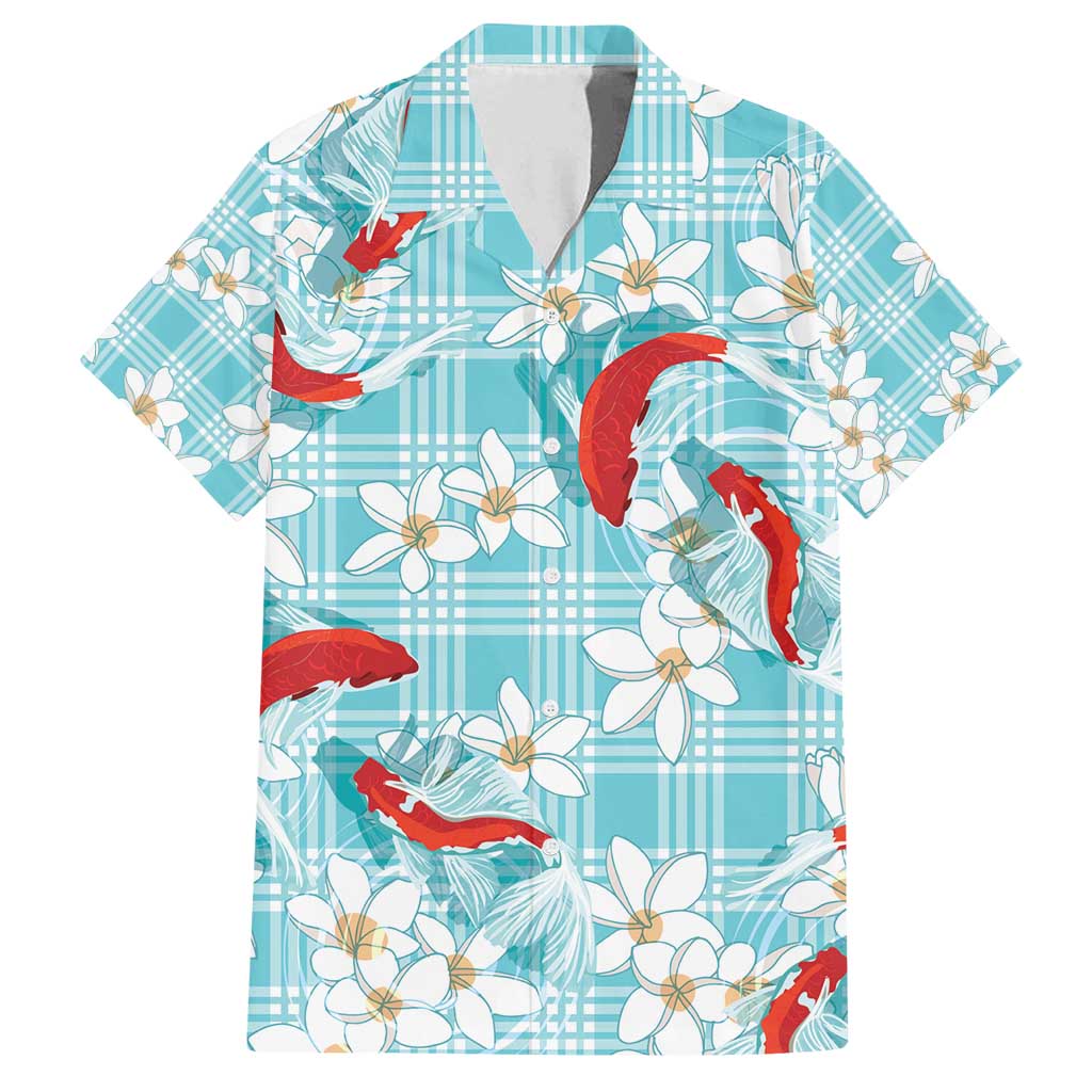 Turquoise Palaka Hawaii Aloha Family Matching Tank Maxi Dress and Hawaiian Shirt Koi Pond Mix Plumeria - Polynesian Pride