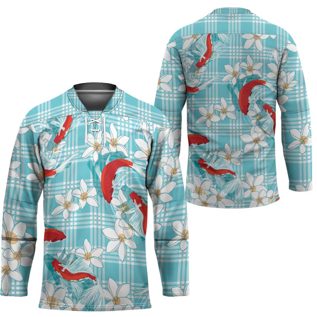 Turquoise Palaka Hawaii Aloha Hockey Jersey Koi Pond Mix Plumeria - Polynesian Pride