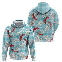 Turquoise Palaka Hawaii Aloha Hoodie Koi Pond Mix Plumeria - Polynesian Pride
