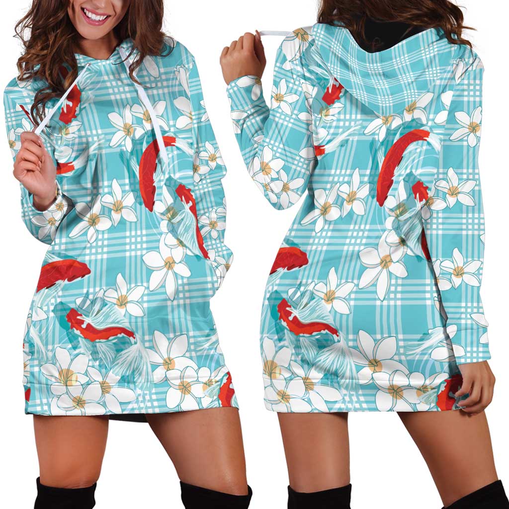 Turquoise Palaka Hawaii Aloha Hoodie Dress Koi Pond Mix Plumeria - Polynesian Pride