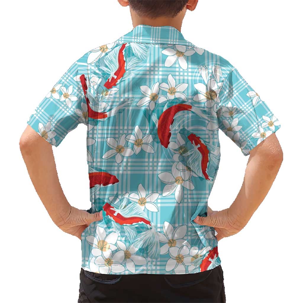 Turquoise Palaka Hawaii Aloha Kid Hawaiian Shirt Koi Pond Mix Plumeria - Polynesian Pride