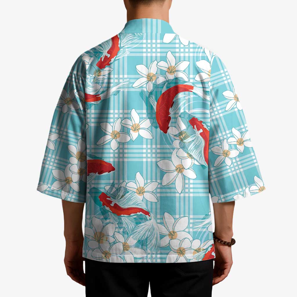 Turquoise Palaka Hawaii Aloha Kimono Koi Pond Mix Plumeria - Polynesian Pride