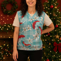 Turquoise Palaka Hawaii Aloha Christmas Knitted V-Neck Vest Koi Pond Mix Plumeria - Polynesian Pride