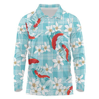 Turquoise Palaka Hawaii Aloha Long Sleeve Polo Shirt Koi Pond Mix Plumeria - Polynesian Pride
