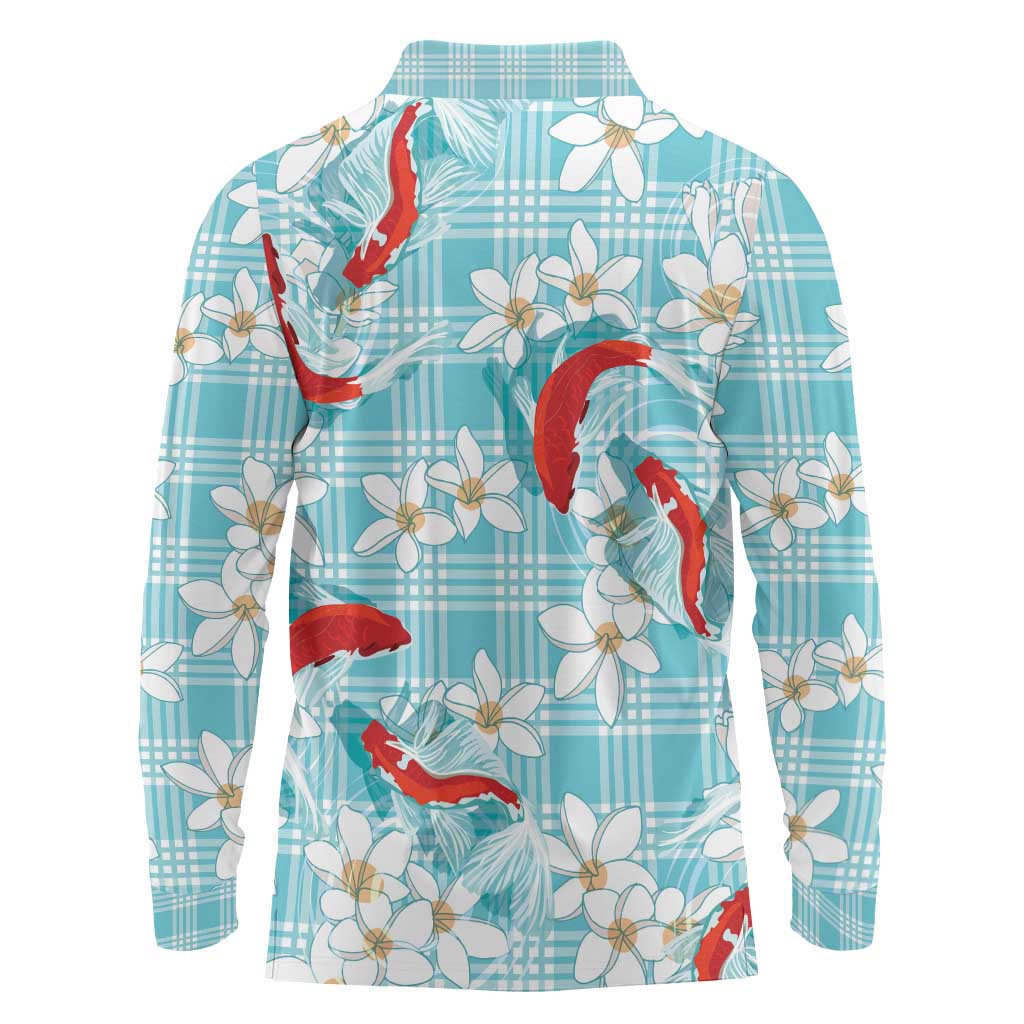 Turquoise Palaka Hawaii Aloha Long Sleeve Polo Shirt Koi Pond Mix Plumeria - Polynesian Pride