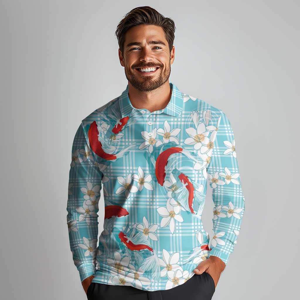 Turquoise Palaka Hawaii Aloha Long Sleeve Polo Shirt Koi Pond Mix Plumeria - Polynesian Pride