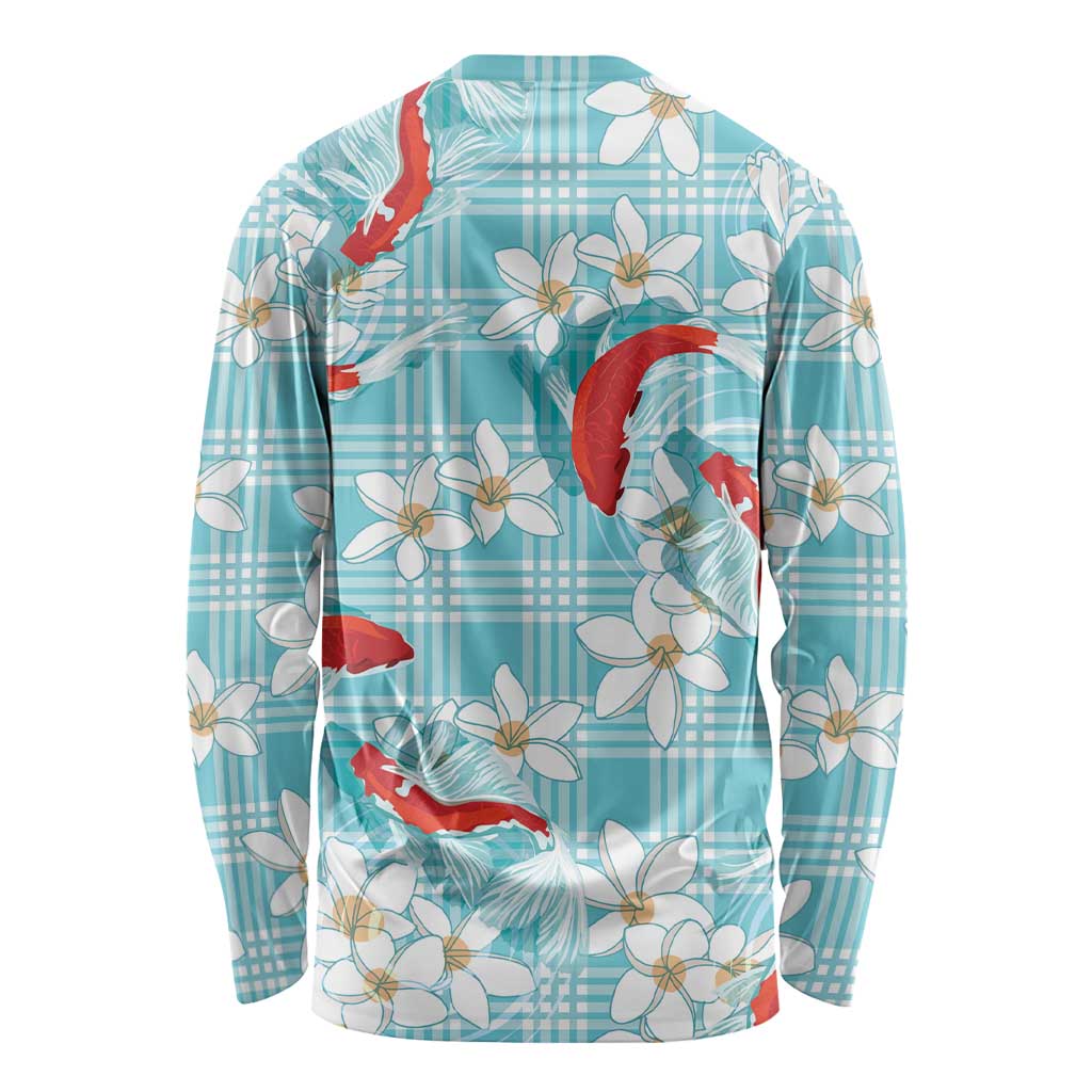 Turquoise Palaka Hawaii Aloha Long Sleeve Shirt Koi Pond Mix Plumeria - Polynesian Pride