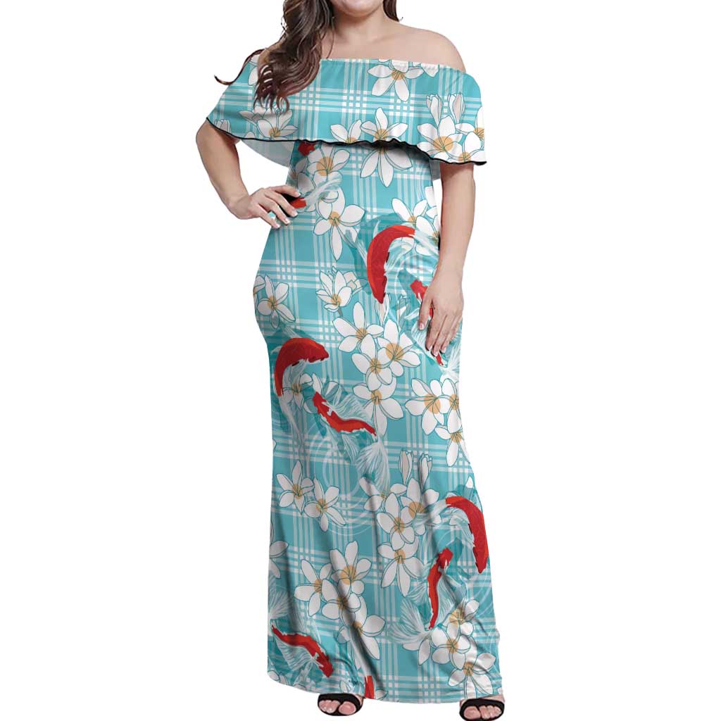 Turquoise Palaka Hawaii Aloha Off Shoulder Maxi Dress Koi Pond Mix Plumeria - Polynesian Pride