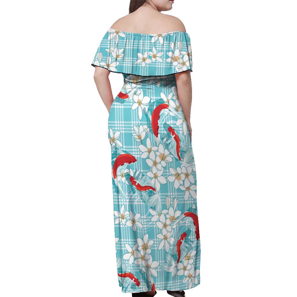 Turquoise Palaka Hawaii Aloha Off Shoulder Maxi Dress Koi Pond Mix Plumeria - Polynesian Pride